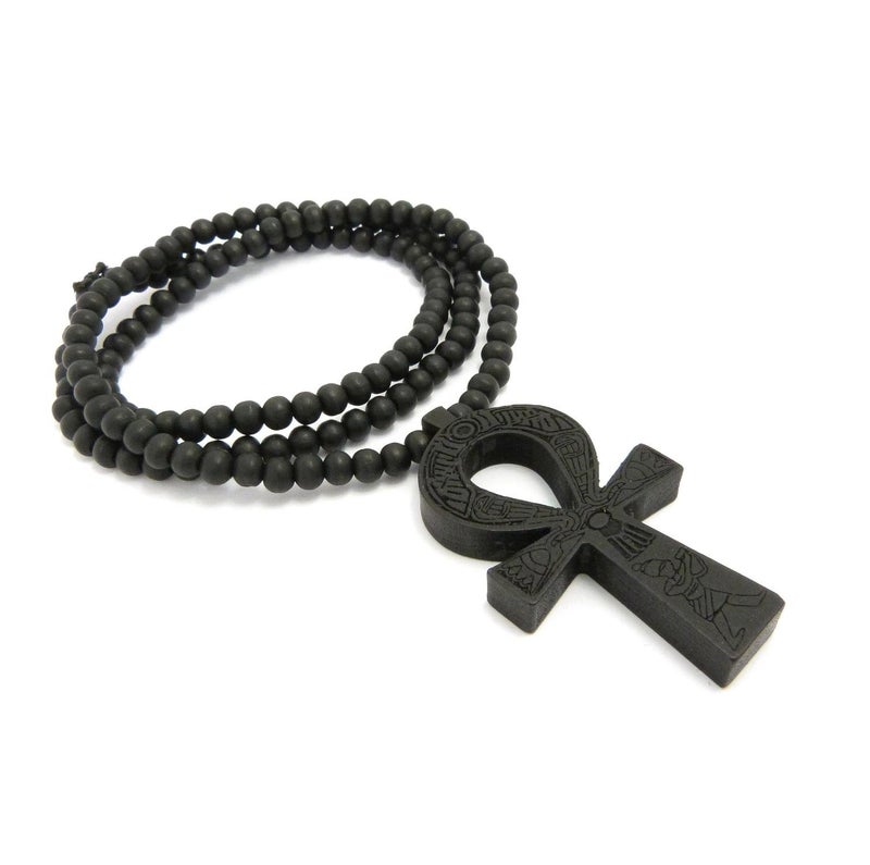 Fashion 21 Egyptian Ankh Cross Pendant 6mm 27" Stretchable Wooden Bead Necklace (3 Colors Available) (Black) - Image 4